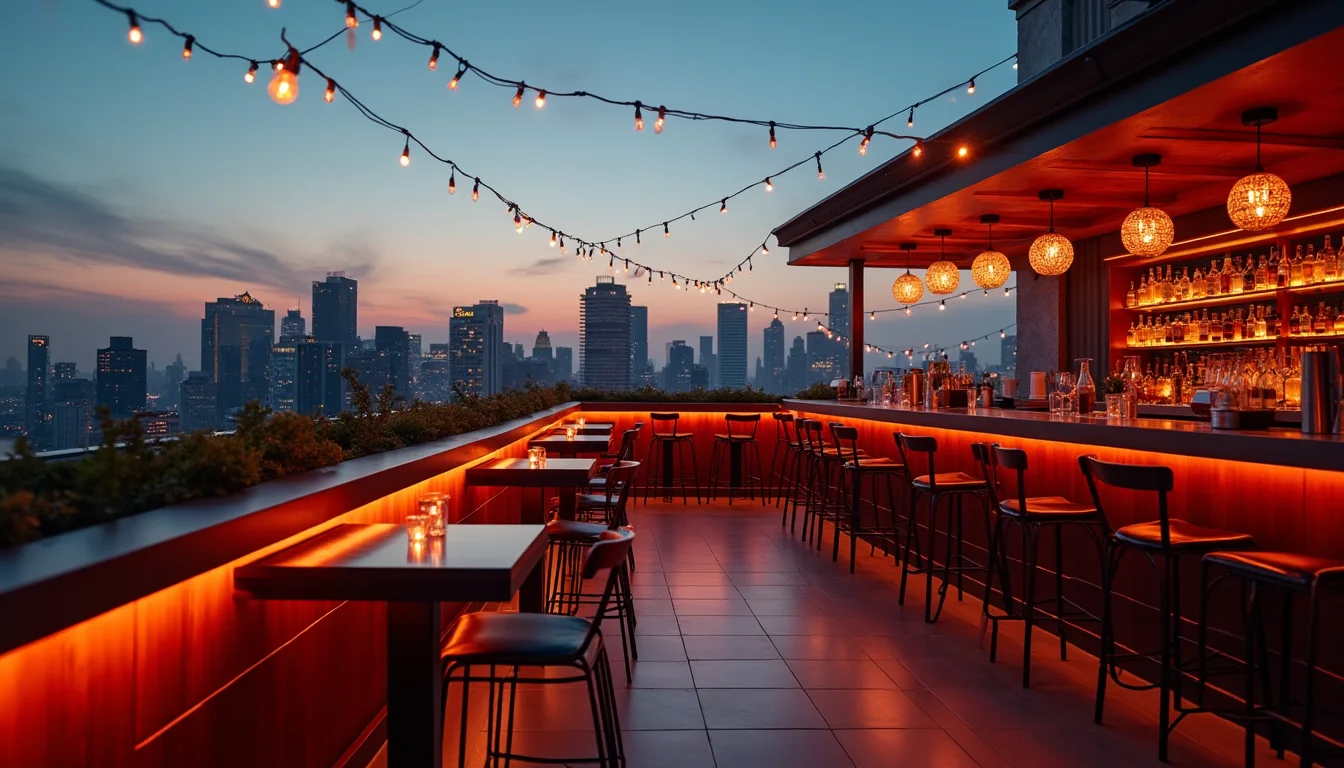 rooftop, bar, crépuscule, ambiance urbaine et nightlife, lieux et lifestyle